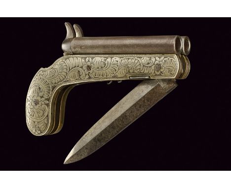 A very rare double-barrelled percussion pistol with knife dating: mid-19th Century provenance: Belgium Smooth, round, juxtapo