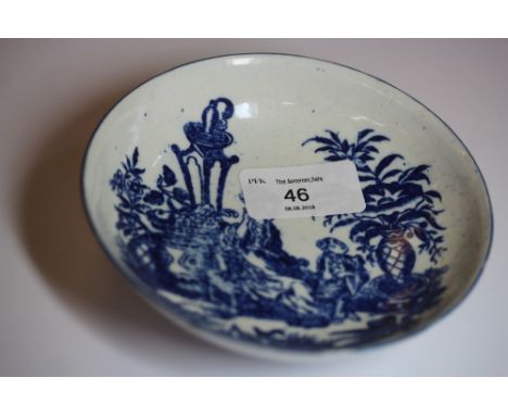 Worcester blue & white painted "Mother & Child" deep saucer, circa 1770, good condition