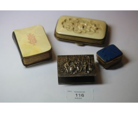 19th Century gilt metal and carved ivory purse, lapiz lazuli trinket box and two other items