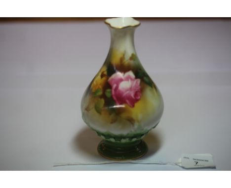 Royal Worcester "Rose" painted vase, with green/gilt moulded base, date code for 1910, shape No. H285, good condition