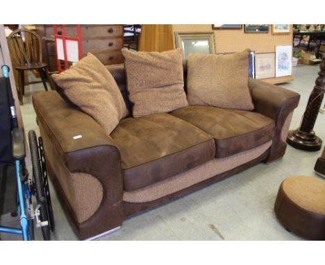 Brown leather and fabric settee and matching 3-in-1 pouffe