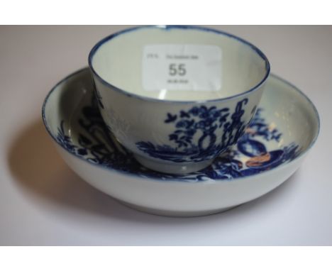 Worcester blue & white printed "Mother & Child" teabowl & saucer, circa 1775, good condition