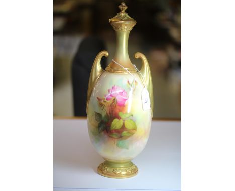 Royal Worcester two handled lidded vase, painted with pink and yellow roses by Jack Southall, 31cm high, signed, date code fo