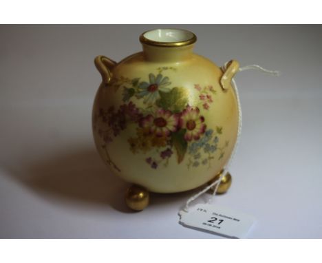 Royal Worcester Flower painted 'Blush Ivory' vase on 3 ball feet, date code 1903, shape No. 415, good condition