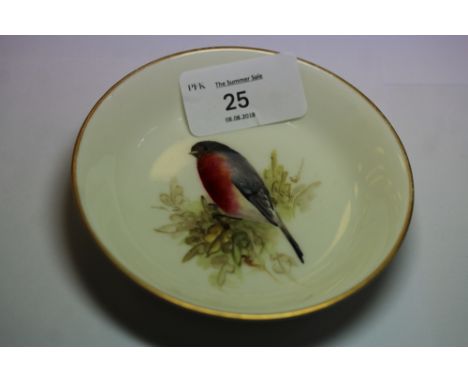 Royal Worcester "Bullfinch" painted pin dish, probably William Powell, date code for 1929, good condition