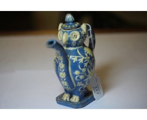 Late 19th Century Thoune pottery owl miniature teapot and cover, signed to base