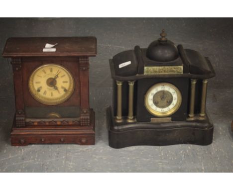 Late Victorian stained wood 'Fattorini & Sons Patent Automatic Alarm' mantle clock, patent No. 16226 (a.f.) and a slate mantl