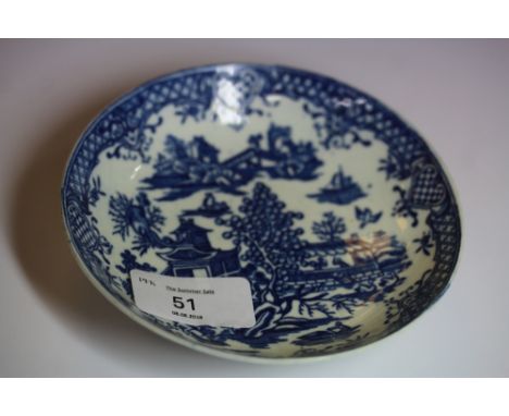 Worcester blue & white printed "Argument" pattern deep saucer, circa 1775, good condition