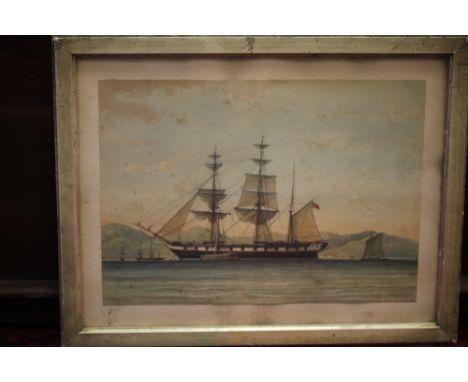 Michel Jean Cazabon (1813-1888) - Watercolour - Portrait of a British Ship at anchor in Trinidad/Tobago, surrounded by other 