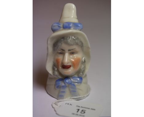 Royal Worcester "Mrs Caudle" candlesnuffer, date code for 1898, flake chip to inner bonnet rim, otherwise good