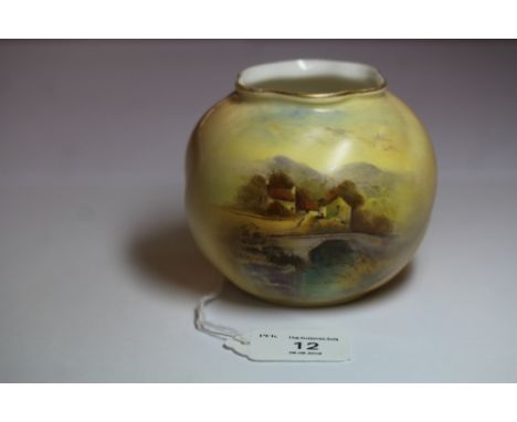 Royal Worcester vase, painted with scene titled "Old Mill, Jesmond Dene, Newcastle on Tyne", date code for 1912, shape No. G1