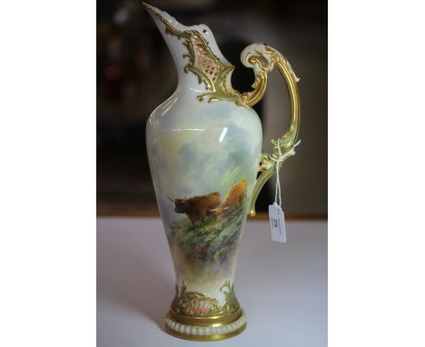 Royal Worcester ewer, painted with Highland Cattle by Harry Stinton, 31cm high, signed, date code for 1911, shape 1587, good 