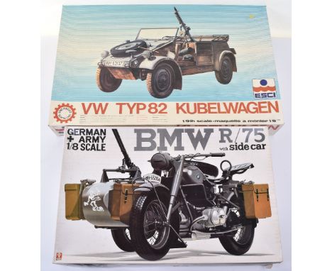 Three  German Army Plastic Construction  Kits, Bandai BMW R/75 with sidecar,1:8 scale, ESCI HK-101 Kettenkrad 1:9th  scale an