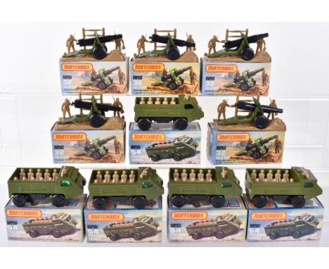 Ten Military Matchbox Superfast Boxed Models, 5 x 32e Field Guns, military green, black wheels, light brown bases, with two s