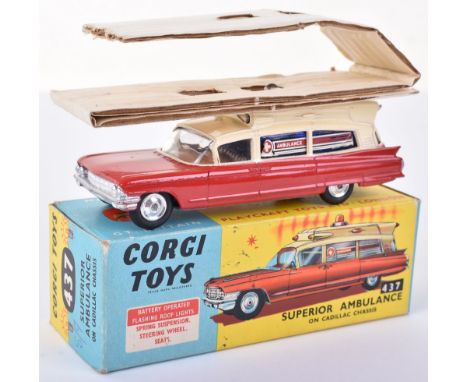 Corgi Toys 437 Superior Ambulance on Cadillac Chassis, battery operated roof lights (untested)red/cream body, shaped spun whe