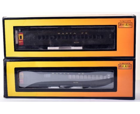 Boxed 0 gauge 3-rail Rail King by MTH Doodlebug Santa Fe twin set, dark green livery with red/yellow flash ends, M.131 powere