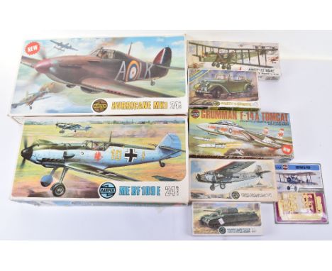 Quantity of Airfix Plastic Construction Kits, including 1:24th scale Hurricane MKI, German ME Bf 109E, 1:72nd Grumman F-14A T