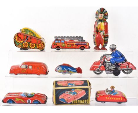 Eight Tinplate Novelty Toys, HK (Huki) Toys Germany Tinplate motorcycle, boxed Topeauto car, Mettoy Plaything friction drive 