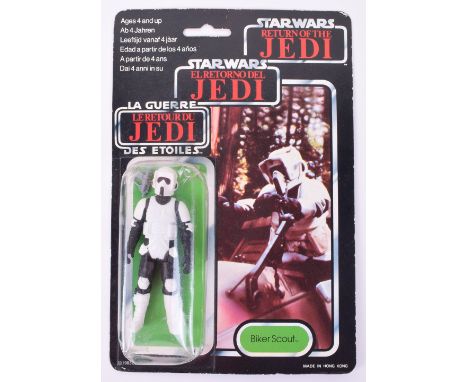 Palitoy Star Wars Return Of The Jedi Tri Logo Biker Scout Vintage Original Carded Figure, 3 ¾ inches, mint original figure on