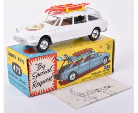 Corgi Toys 475 Citroen Safari 1964 Winter Olympics, white body, yellow roof rack, four red skis/poles, skier, shaped spun whe