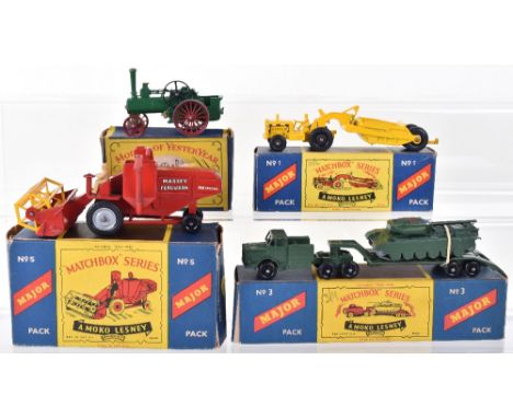 Three Boxed Matchbox Moko Lesney Major Packs, No M1 Caterpillar Earthmover, yellow body, black plastic wheels, No M3 Mighty A
