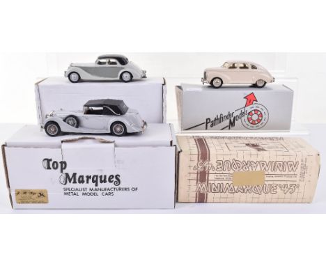 Four Handbuilt 1/43 scale Models, Pathfinder Models Jowett Javelin 1949 P.F.M 4, in beige, Mini Marque “43” MM43 Ford V8 open