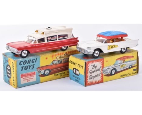 Corgi Toys 430 Ford Thunderbird Bermuda Taxi, white body, blue/red canopy, spun shaped wheel hubs and 437 Superior Ambulance 