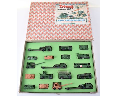 Scarce Triang Minic Push and Go Army Presentation Set, eighteen 00/H0 plastic friction drive military vehicles, military gree