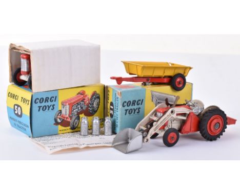 Boxed Corgi Toys 50 Massey Ferguson 65 Tractor, red bonnet/seat/wheel hubs,pale grey chassis, black plastic steering wheel, i