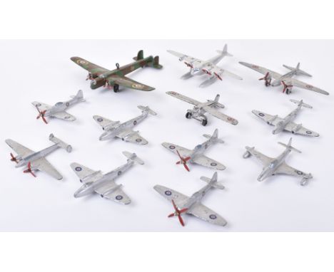 Dinky Toys Unboxed Aircraft, 62t Armstrong Whitworth “Whitley” Bomber, camouflaged body, 3 x 70E “Meteor” Twin Jet Fighters, 