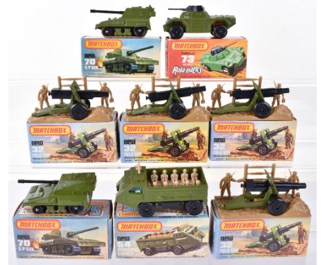 Eight Military Matchbox Superfast Boxed Models, 4 x 32e Field Guns, military green, black wheels, light brown bases, with two