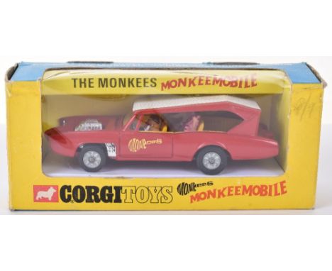 Corgi Toys 277 Monkees Monkeemobile, red body, white roof, cast wheels, with figures of Mike, Mikey, Davey &amp; Pete, model 