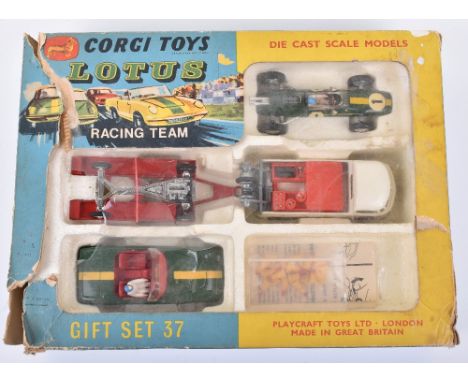 Corgi Toys Gift Set 37 Lotus Racing Team, Lotus Climax Racing Car, Lotus Elan Coupe, Lotus Elan S.2. Volkswagen Breakdown Van