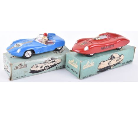 Solido two boxed racing cars, Fiat-Abarth, red, Abarth and Fiat transfers, excellent condition, windscreen a little loose, bo