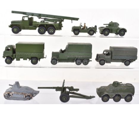 Eight Unboxed Military Dinky Toys, including early 151c 6-wheeled covered wagon, metal fatigue in smooth wheel hubs, Re paint