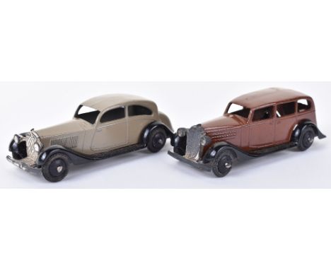 Two Early Dinky Toys 30 series models, circa 1940, 30b Rolls Royce fawn body, black open chassis, black smooth wheel hubs and