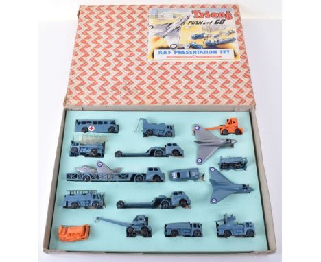 Scarce Triang Minic Push and Go RAF Presentation Set, seventeen 00/H0 plastic friction drive vehicles and aircraft, RAF blue,