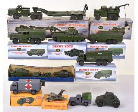 A Quantity of Play-worn Military Dinky Toys, including: 622 Ten Ton Army Truck, in repro box, 626 Military Ambulance repainte