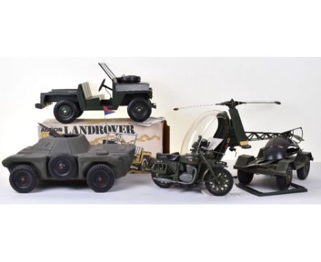 Four Palitoy Vintage Action Man Vehicles/Helicopter, including boxed:34713 Landrover, military green plastic body, with drop 