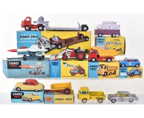 Ten Playworn Corgi Toys, 51 Massey Ferguson 30 cwt trailer, yellow/red, original box, 53 Massey Ferguson 65 Tractor, with sho