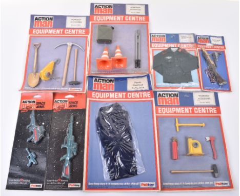 Palitoy Vintage Action Man Carded Accessories Equipment Centre sets, including German Stormtroopers Jacket, 4 x Workshop Acce