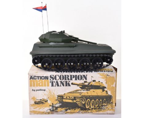 Boxed Palitoy Vintage Action Man Scorpion Tank, 34710, military green plastic polythene plastic body, black plastic moving tr