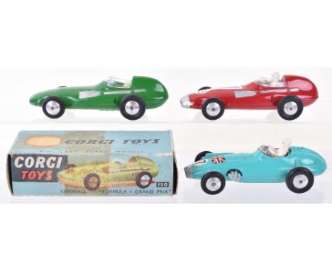 Corgi Toys Boxed 150 Vanwall Formula 1 Grand Prix Racing Car, green body, cream seat, blue windscreen, flat spun wheels, in e