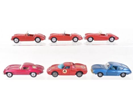 Six Original Unboxed Corgi Toys, 3 x 302 MGA red bodies, cream seats, flat spun wheel hubs, 314 Ferrari ‘Berlinetta’ 250 Le M