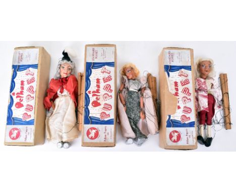 Rare Pelham Puppet Fairy Godmother together with Cinderella and Prince Charming, each with moulded and painted heads, wearing