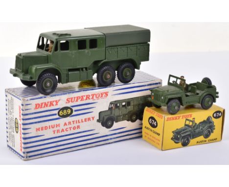 Two Boxed  Dinky Toys Military Models, 689 Medium Artillery Tractor, in blue and white striped picture box and 674 Austin Cha