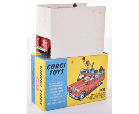 Corgi Toys 487 Chipperfield’s Circus Landrover Parade Vehicle, red body, yellow interior, blue plastic rear body, spun wheels