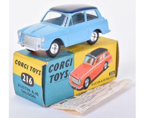 Corgi Toys 216 Austin A.40 Saloon, two tone blue body, scarce shaped spun wheel hubs, in near mint condition, Corgi club leaf