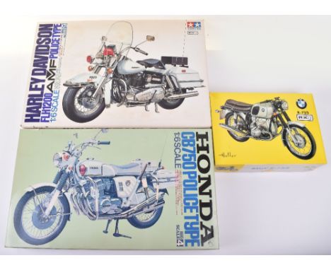 Three Motorcycle Construction Plastic Kits, Tamiya Harley Davidson FLH1200 Police Type 1:6 scale, Tamiya Honda GB750 Police T