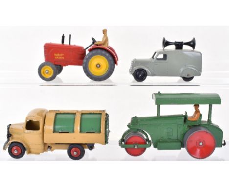 Four Dinky Toys, 25p Aveling Barford diesel road roller, green body, red metal wheels,25v Bedford Refuse wagon, fawn/green bo